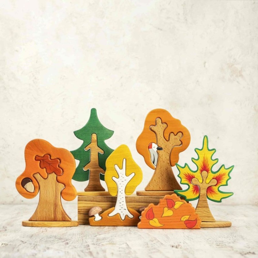 Play Sets Wooden Caterpillar | Handcrafted Wooden Fall Tree Set With Autumn Trees And Bush – Perfect Seasonal Home Decor Or Nature Table Display