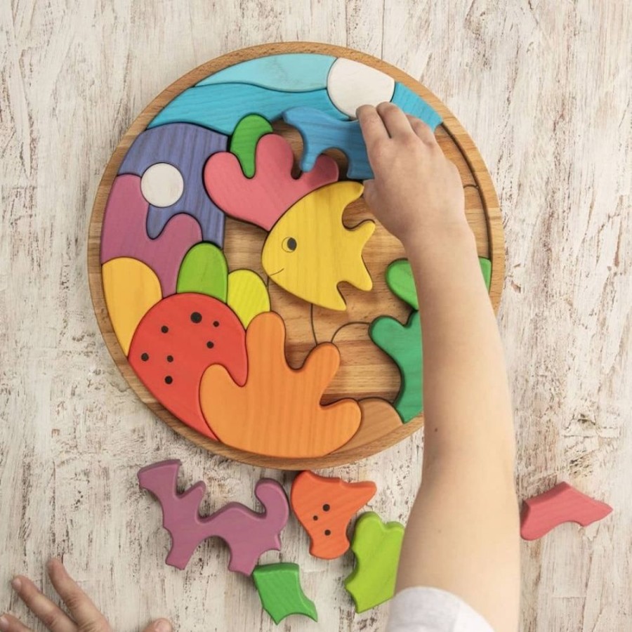 Toy Animals And Creatures Wooden Caterpillar | Kids Wooden Sea Puzzle-25 Piece Ocean Life Educational Toy With Corals And Fish-28Cm Diameter-Perfect Baby Shower Gift