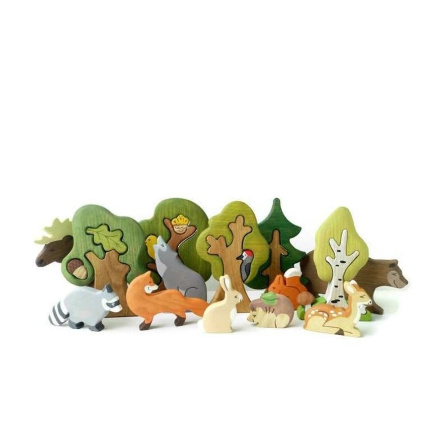 Toy Animals And Creatures Wooden Caterpillar | Big Set Animal Toys Forest Animals (9Pcs) + Trees (5Pcs)