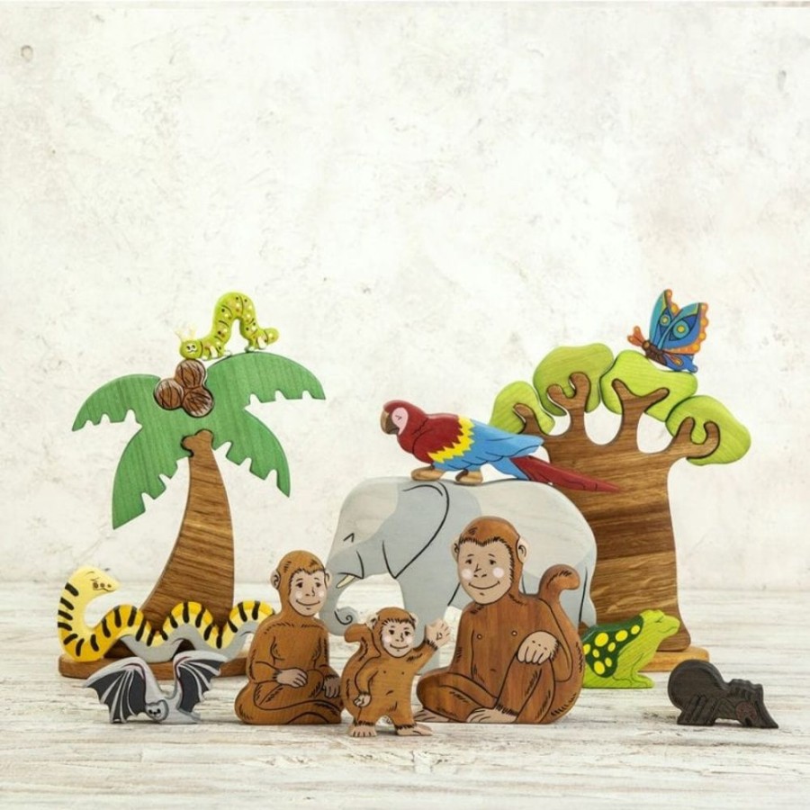 Toy Animals And Creatures Wooden Caterpillar | Monkey Puzzle Story Sack-11 Figurines And 2 Tree Puzzles For Imaginative Play And Learning