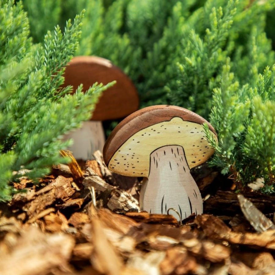 Toy Animals And Creatures Wooden Caterpillar | Wooden Mushroom With A Brown Cap