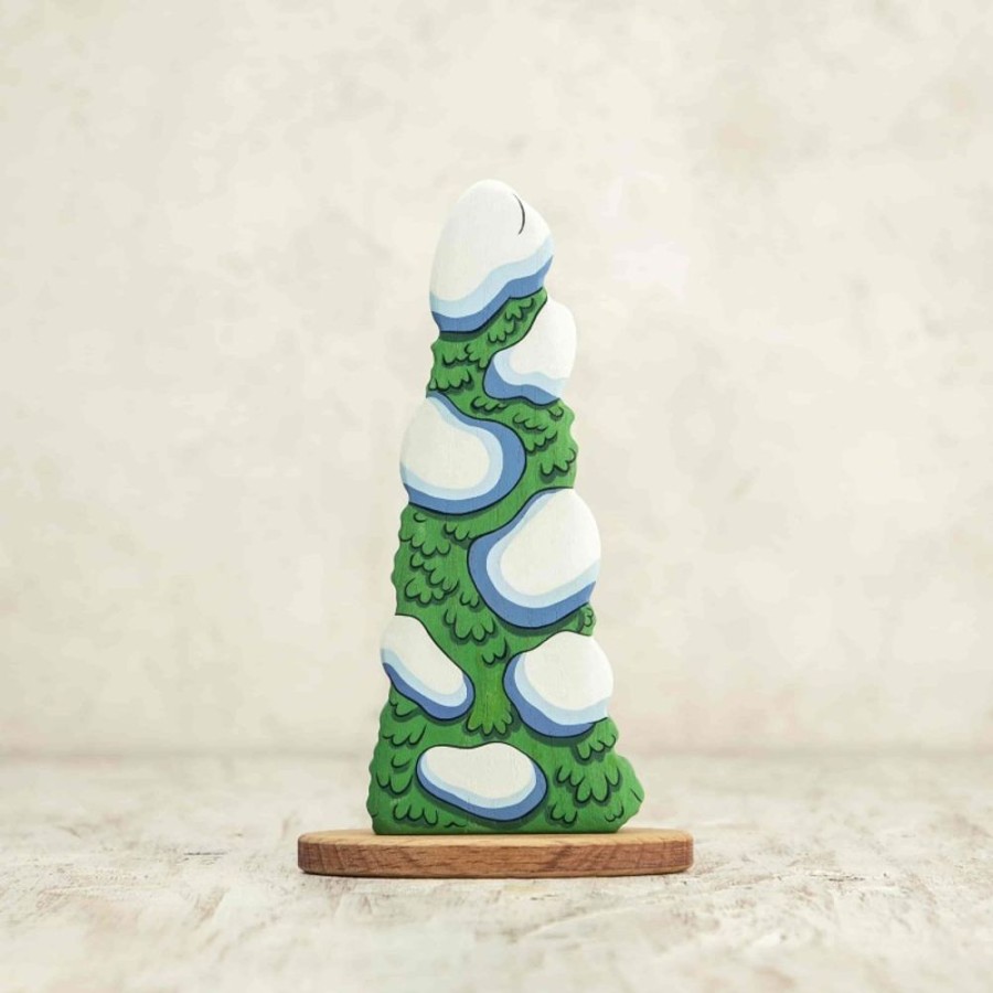 Tree Toys Wooden Caterpillar | Enchanted Hand-Painted Evergreen Tree Toy-Wooden Winter Pine With Snow-Heirloom Quality Children'S Play Decor